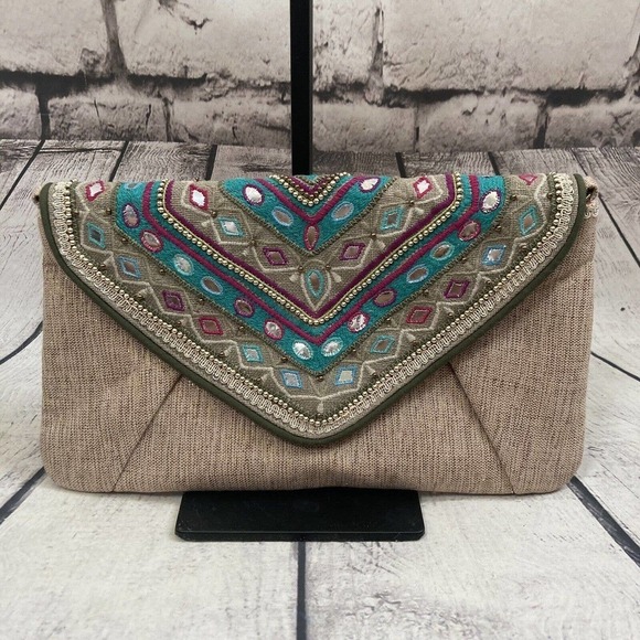 Chico's Jerri Clutch Embellished Embroidered Chain Bag Turquoise Tan‎ New - Picture 1 of 11